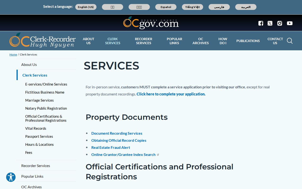 Orange city directory county Clerk-Recorder services