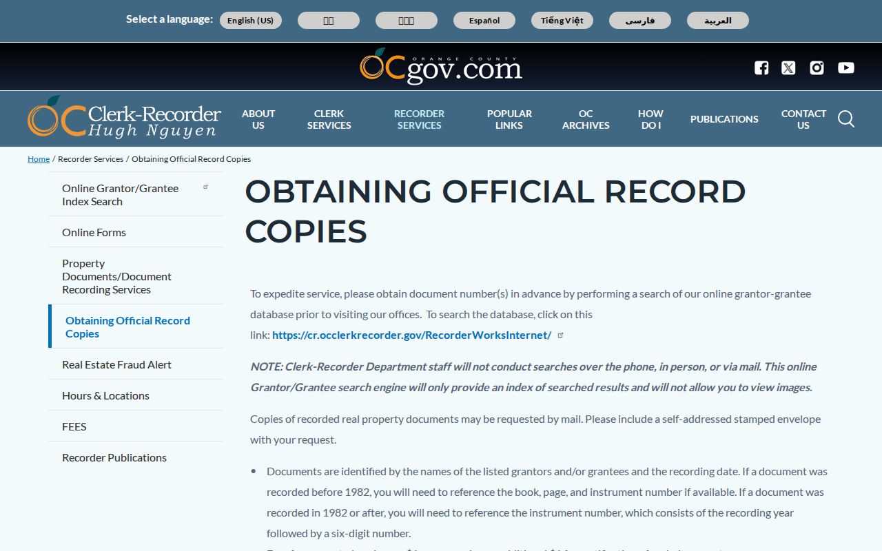 Orange street directory official recorded-copy instructions